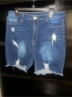SHEIN Dark Blue Distressed Denim Shorts